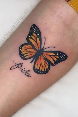 Monarch Butterfly with Name Tattoo, a tattoo design rendered in delicate fine-line for the arm.