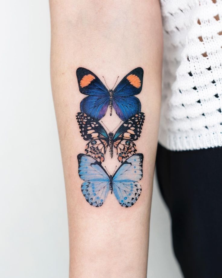 Three Colorful Butterflies Arm Tattoo, a tattoo design rendered in clean detailed linework for the leg.