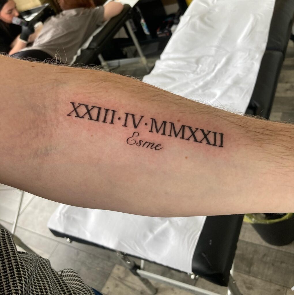 Roman Numeral and Script Name Tattoo Tattoo Design