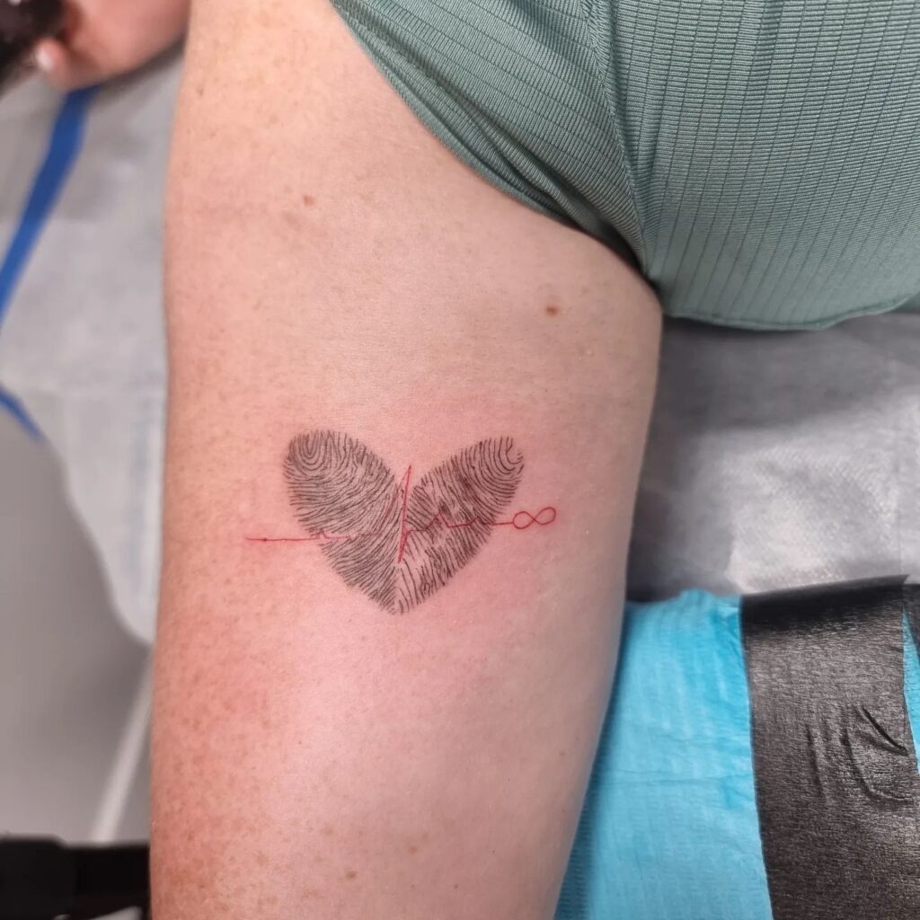Fingerprint Heart Tattoo with I Love You Hand Sign Tattoo Design
