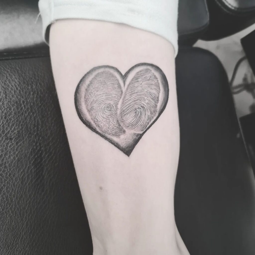 Fingerprint Heart with Red Heartbeat Line & Infinity Symbol Tattoo Design