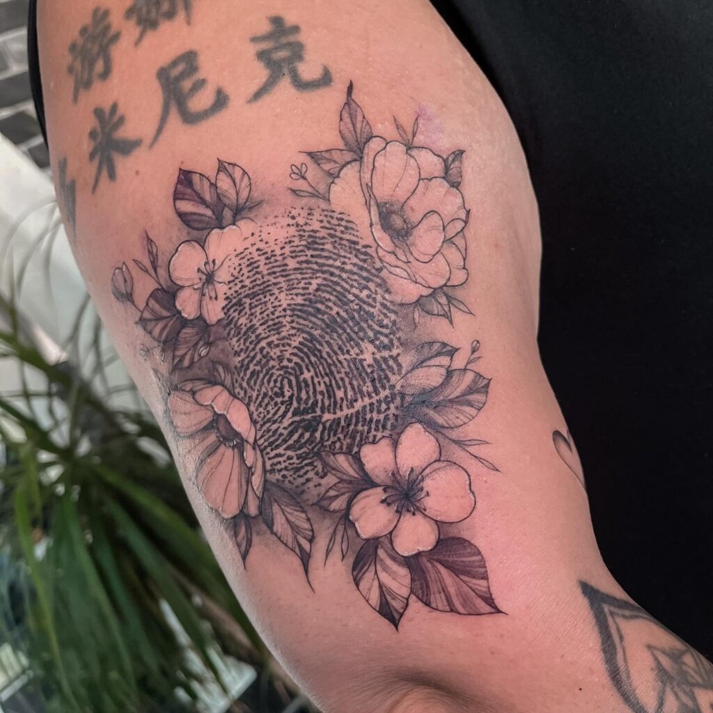 Matching Dual-Color Fingerprint Heart Tattoos with Names & Dates Tattoo Design