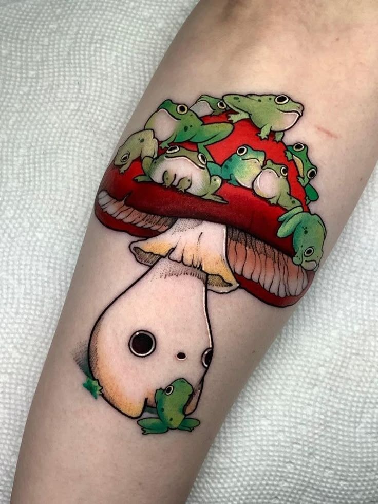 Mushroom Covered in Frogs Tattoo Tattoo Design