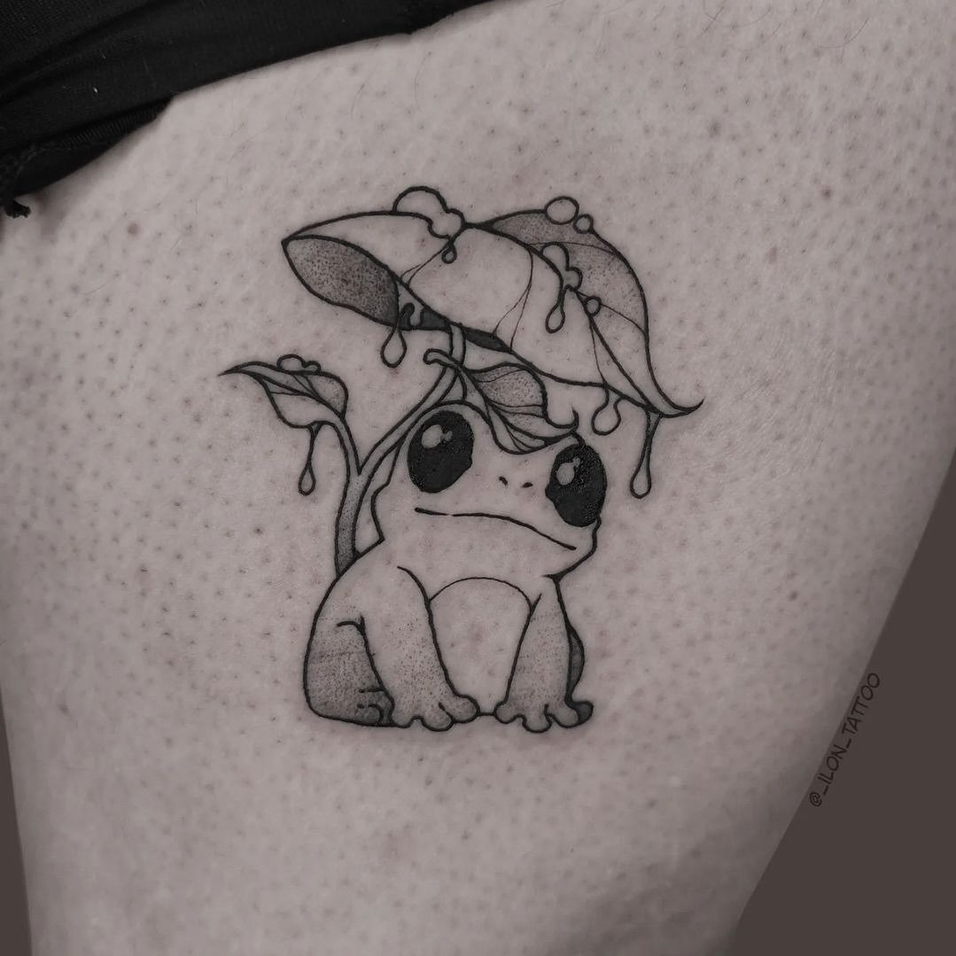 Sad Frog with Leaf Umbrella Tattoo Tattoo Design
