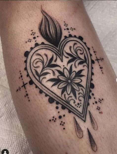 Ornamental Black Heart With Droplets Tattoo Design