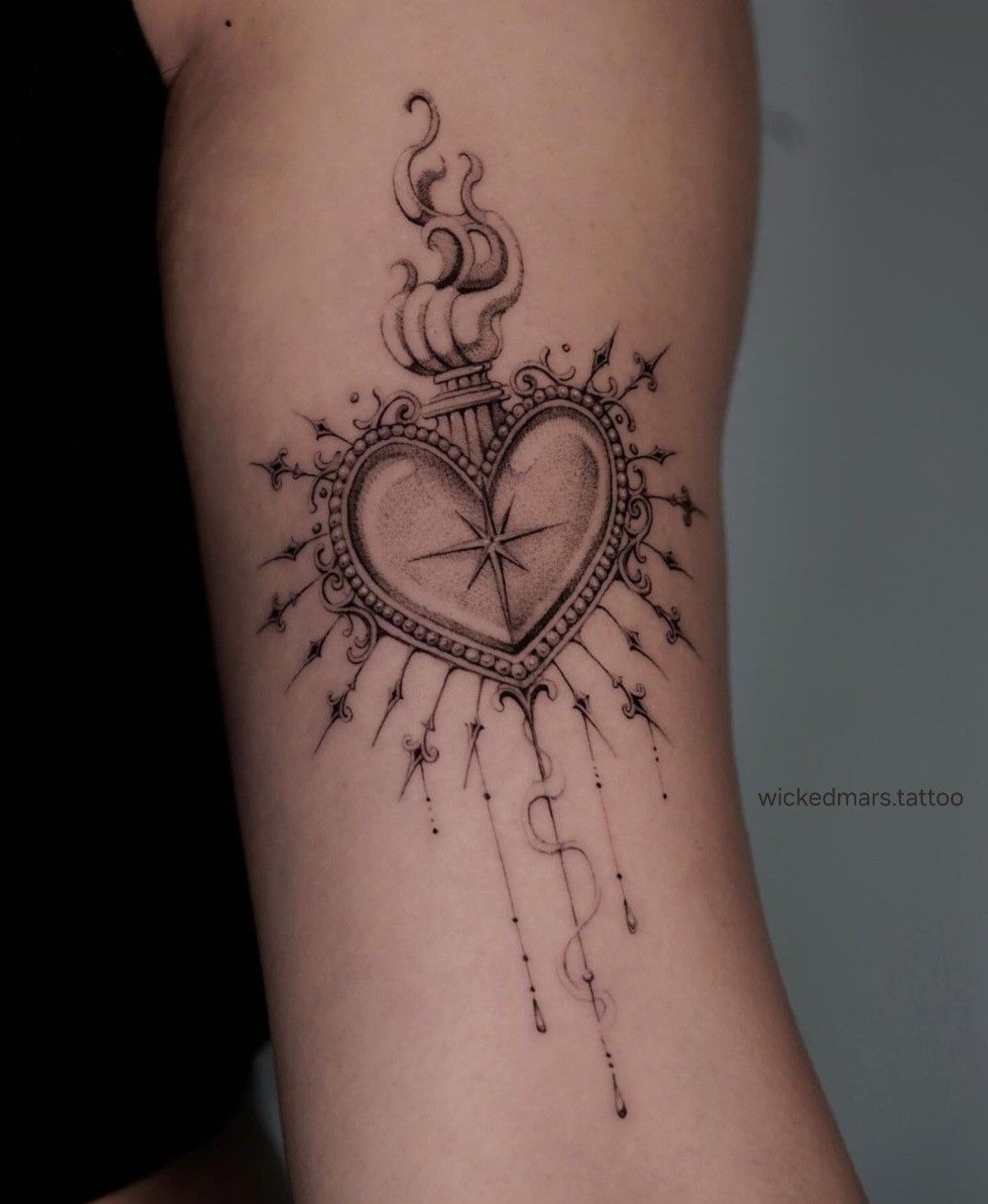 Ornate Fine Line Sacred Heart Tattoo Design