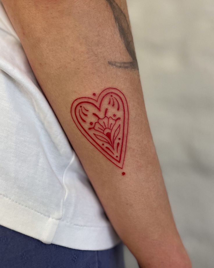 Red Floral Line Heart Tattoo Tattoo Design