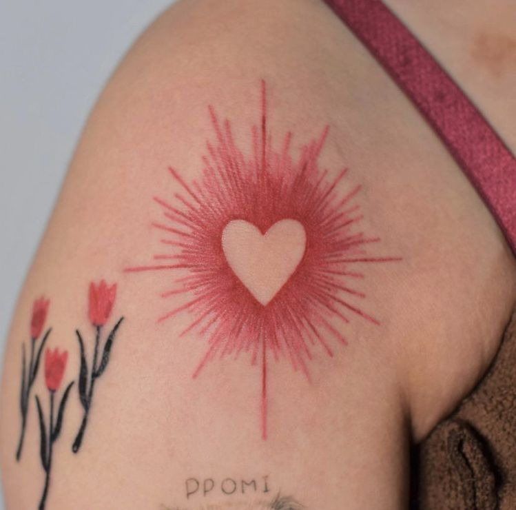Red Radiant Heart Shoulder Tattoo Tattoo Design