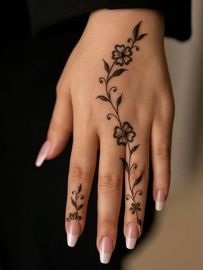 Elegant Vine and Blossom Henna Design Tattoo Design