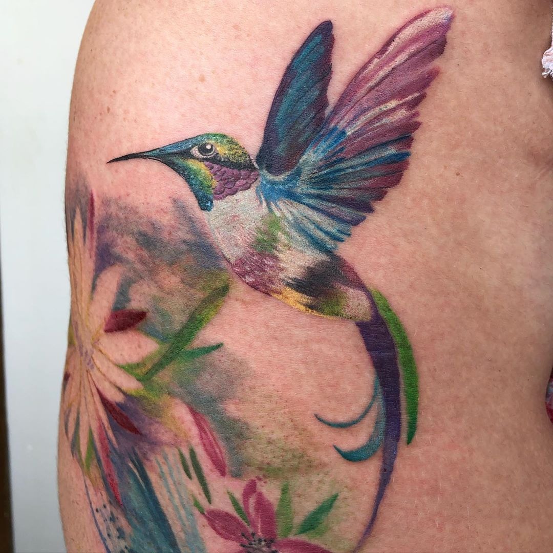 Artistic Blue, Green, Purple and Yellow Hummingbird Tattoos Tattoo Design