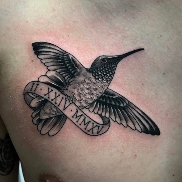 Cartoon-Style Hummingbird Clutching a Scroll Tattoo Design