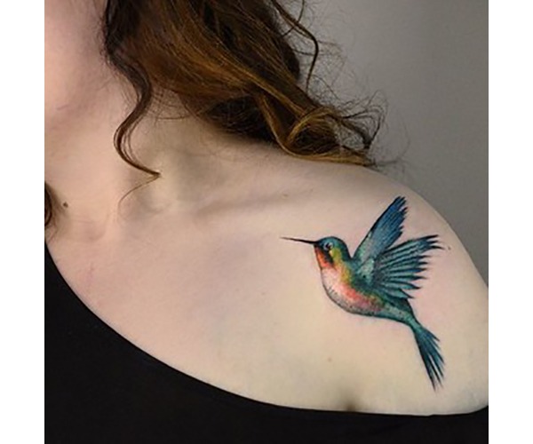 Cheerfully Colored Hummingbird Tattoo on Shoulder Tattoo Design