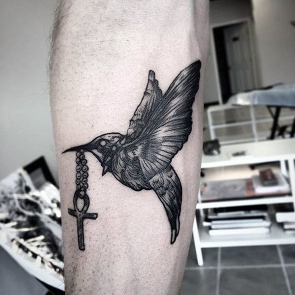 Chrome Hummingbird Holding an Ankh Tattoo Design