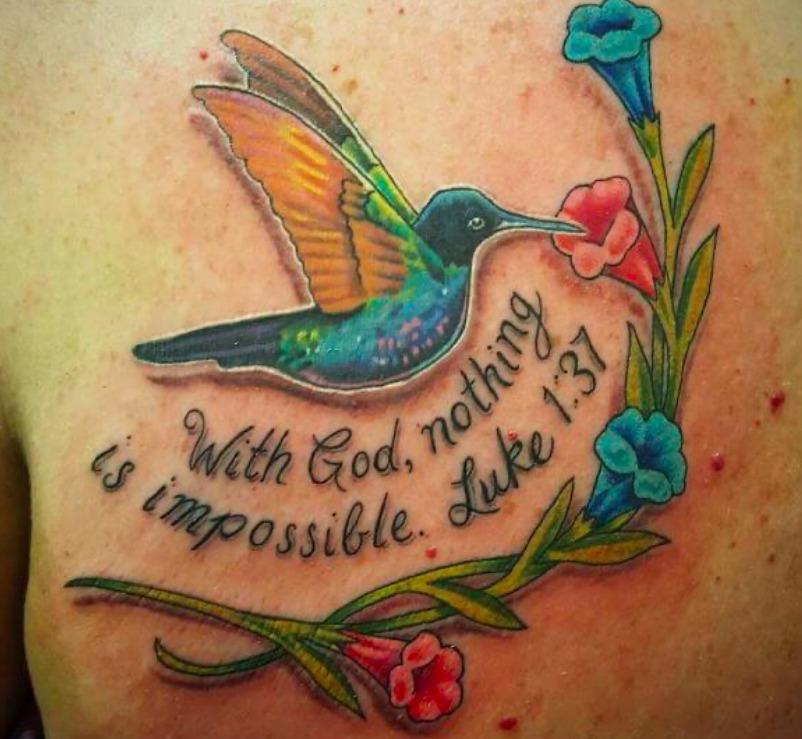 Colorful Hummingbird Framed by Bible Verse Tattoo Design