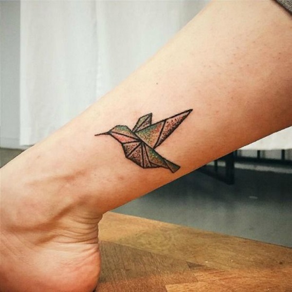 Iridescent Origami Hummingbird Tattoo on Ankle Tattoo Design