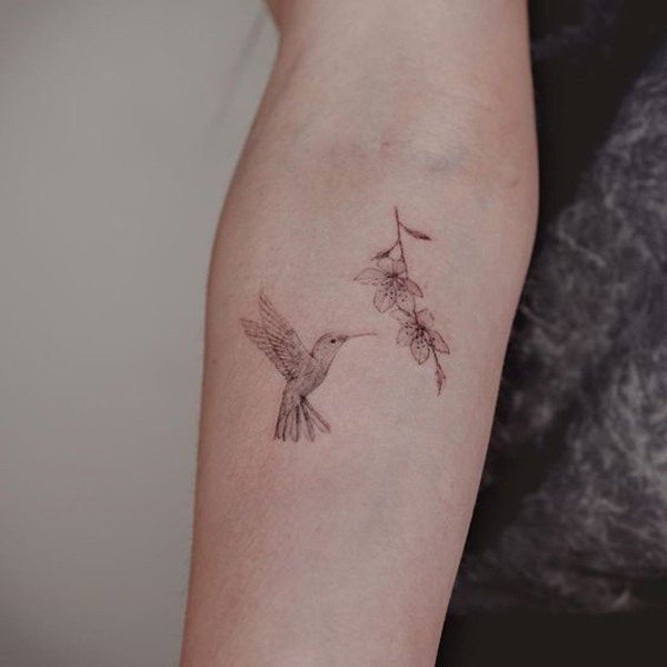 Pencil-Drawn Hummingbird Tattoo Design with Flowers Tattoo Design