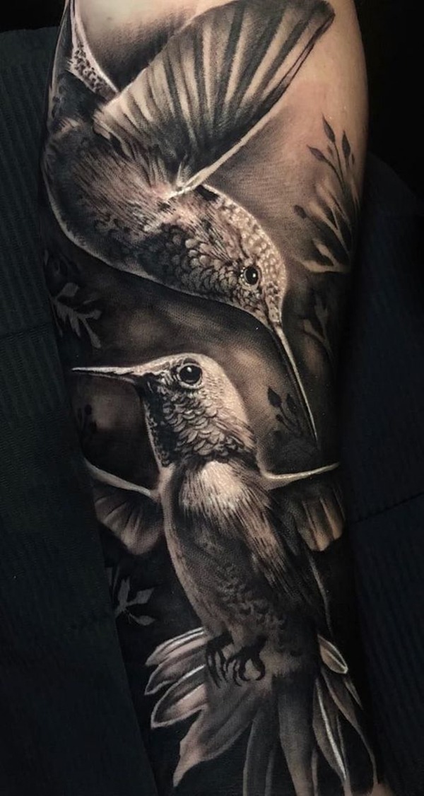 Photorealistic Black & White Hummingbird Pair Tattoo Design