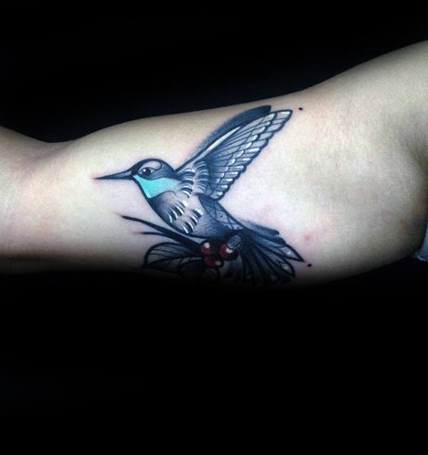 Stylized Blue and White Hummingbird Bicep Tattoo Tattoo Design