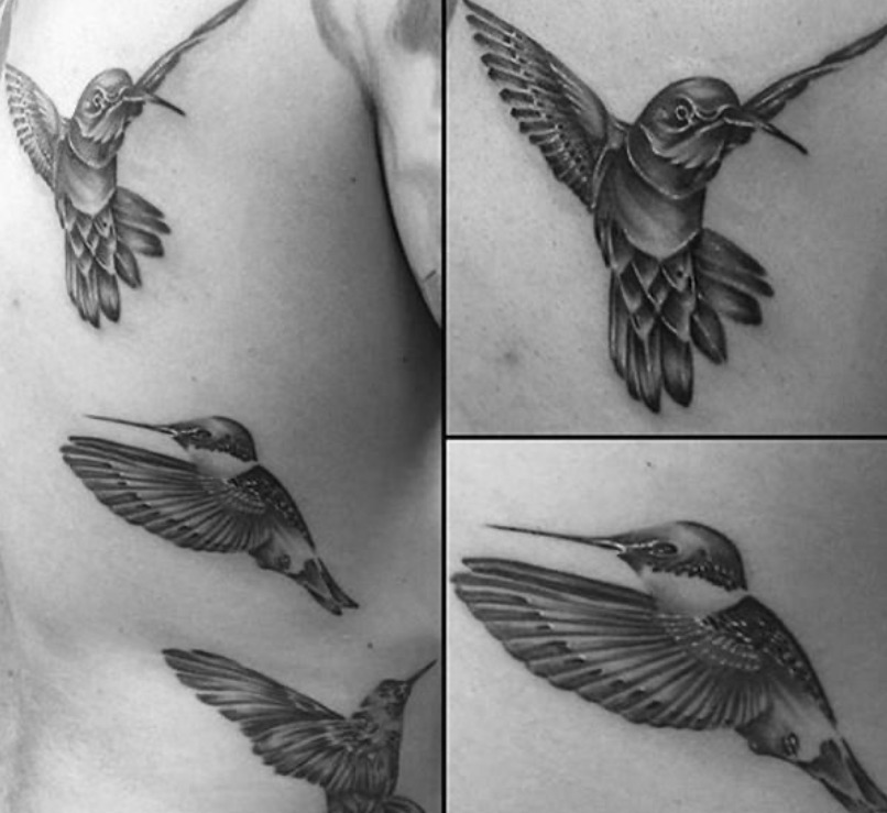Three Black & White Hummingbirds in Flight Tattoo Design