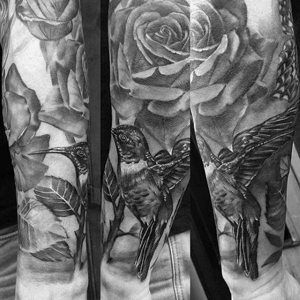 Traditional Hummingbird Tattoo with Realistic Rosebush Tattoo Design