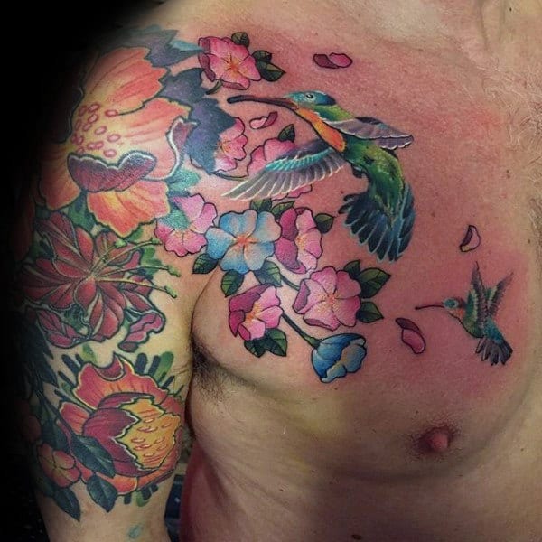 Tropical Garden Featuring Two Hummingbirds Tattoo Design