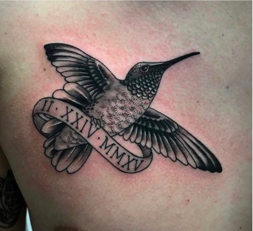 Uplifting Black & White Hummingbird with a Banner Tattoo Design