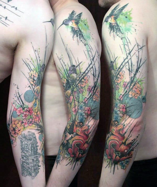 Watercolor Hummingbird Tattoo with a Woodland Scene Tattoo Design
