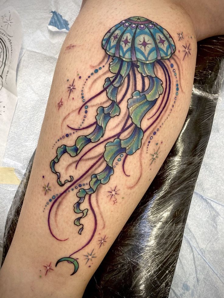 Celestial Blue and Purple Jellyfish Tattoo Tattoo Design