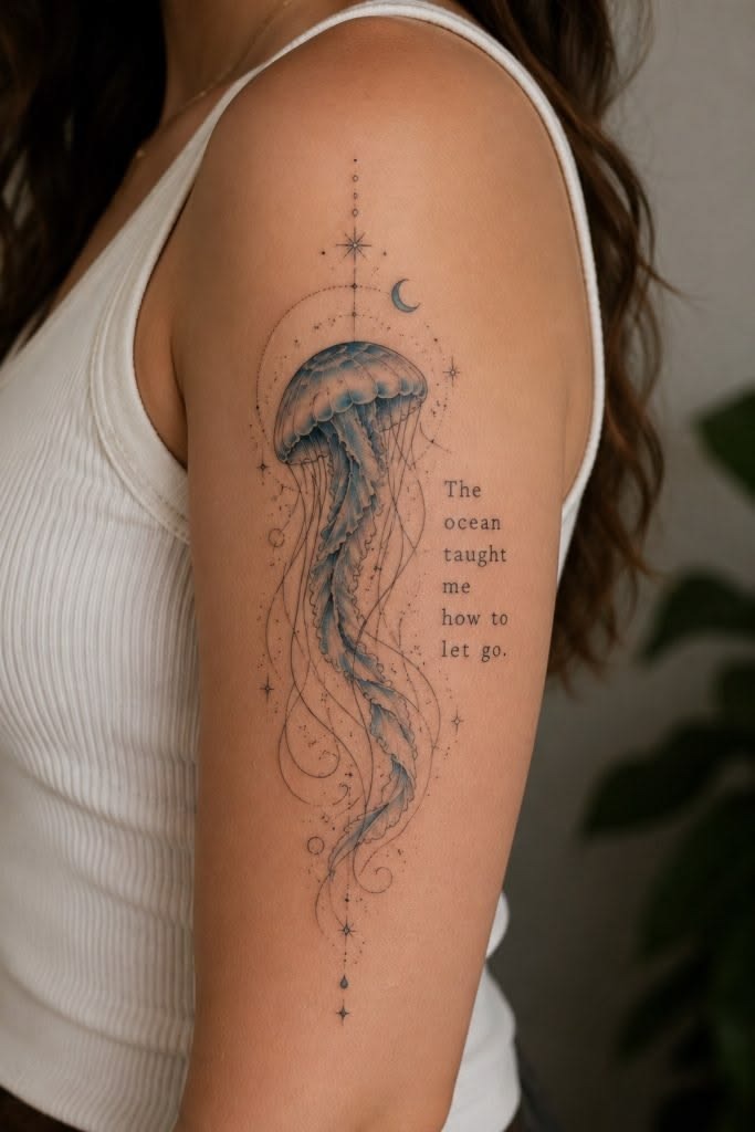 Jellyfish Tattoo With Moon and Meaningful Quote Tattoo Design