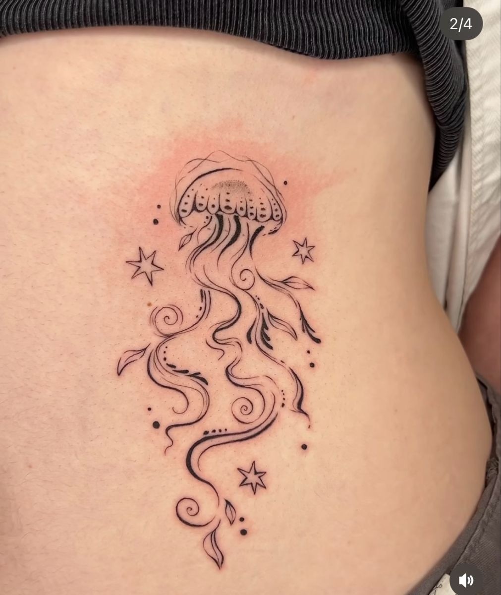 Whimsical Side Jellyfish With Stars Tattoo Design