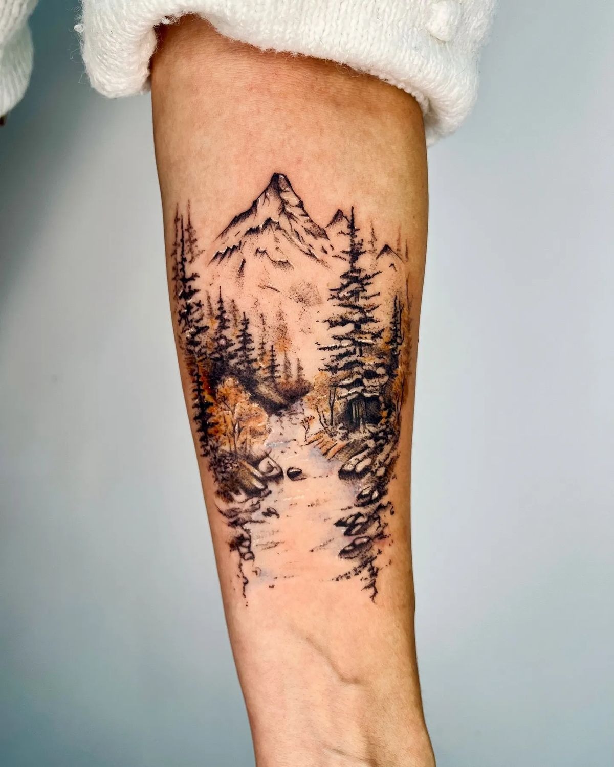 Color Forest Mountain Stream Tattoo Tattoo Design