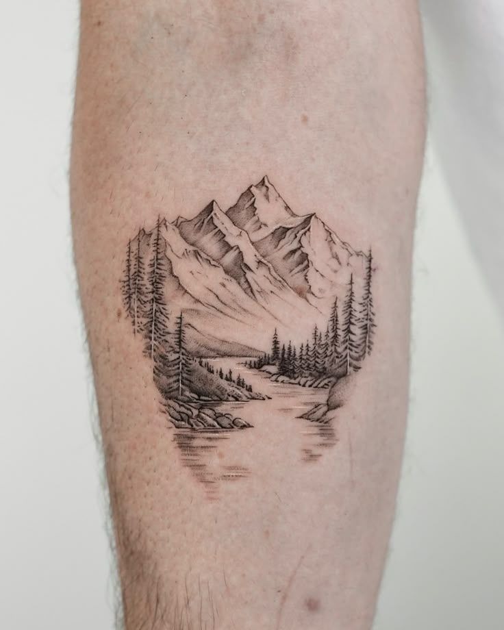 Detailed Mountain Lake Forearm Tattoo Tattoo Design