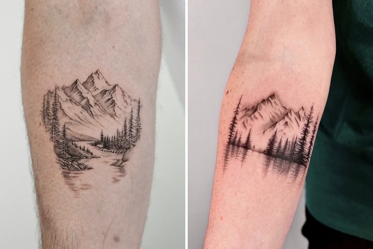 26+ Creative Mountain Tattoo Ideas For Fresh Stylish Ink with Wild Outdoor Charm Featured Lookbook Collage
