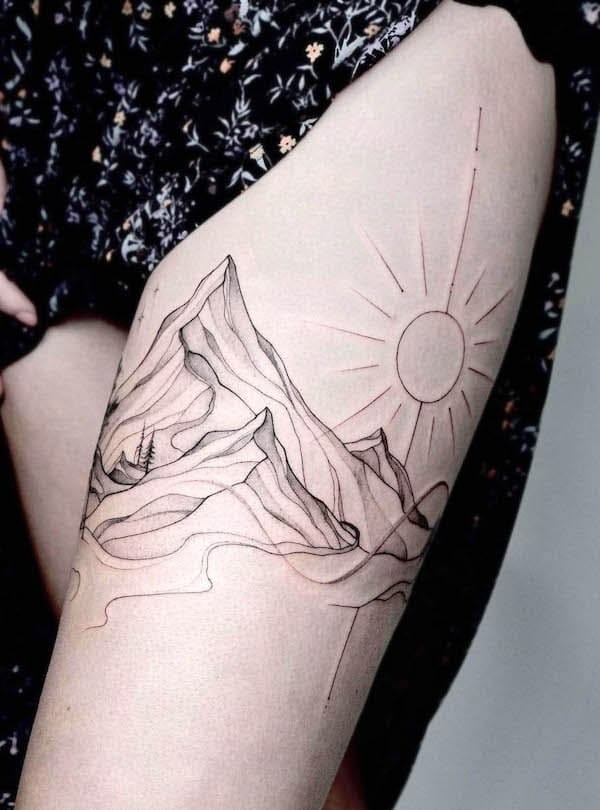 Fine Line Mountain Sun Thigh Tattoo Tattoo Design