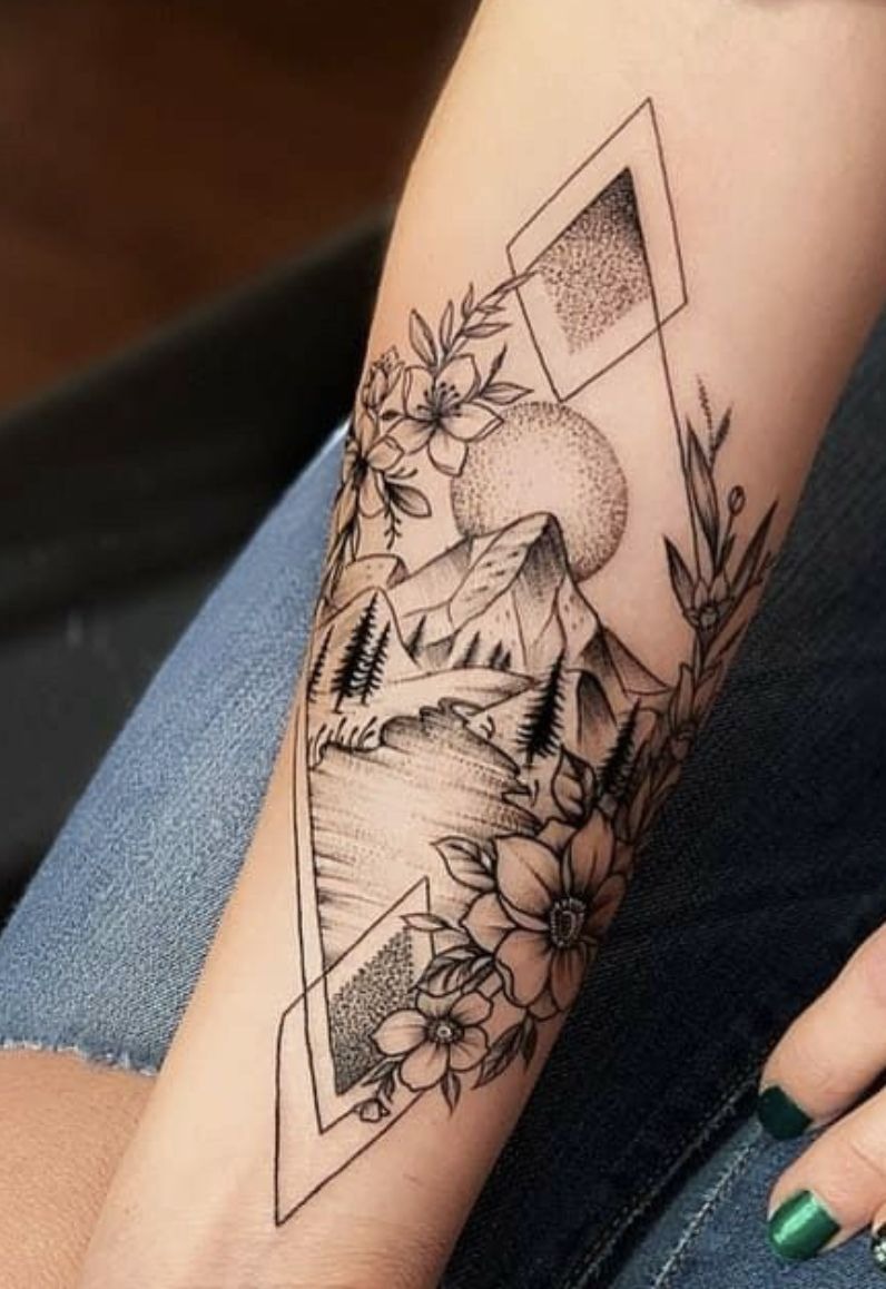 Floral Geometric Mountain Tattoo Tattoo Design