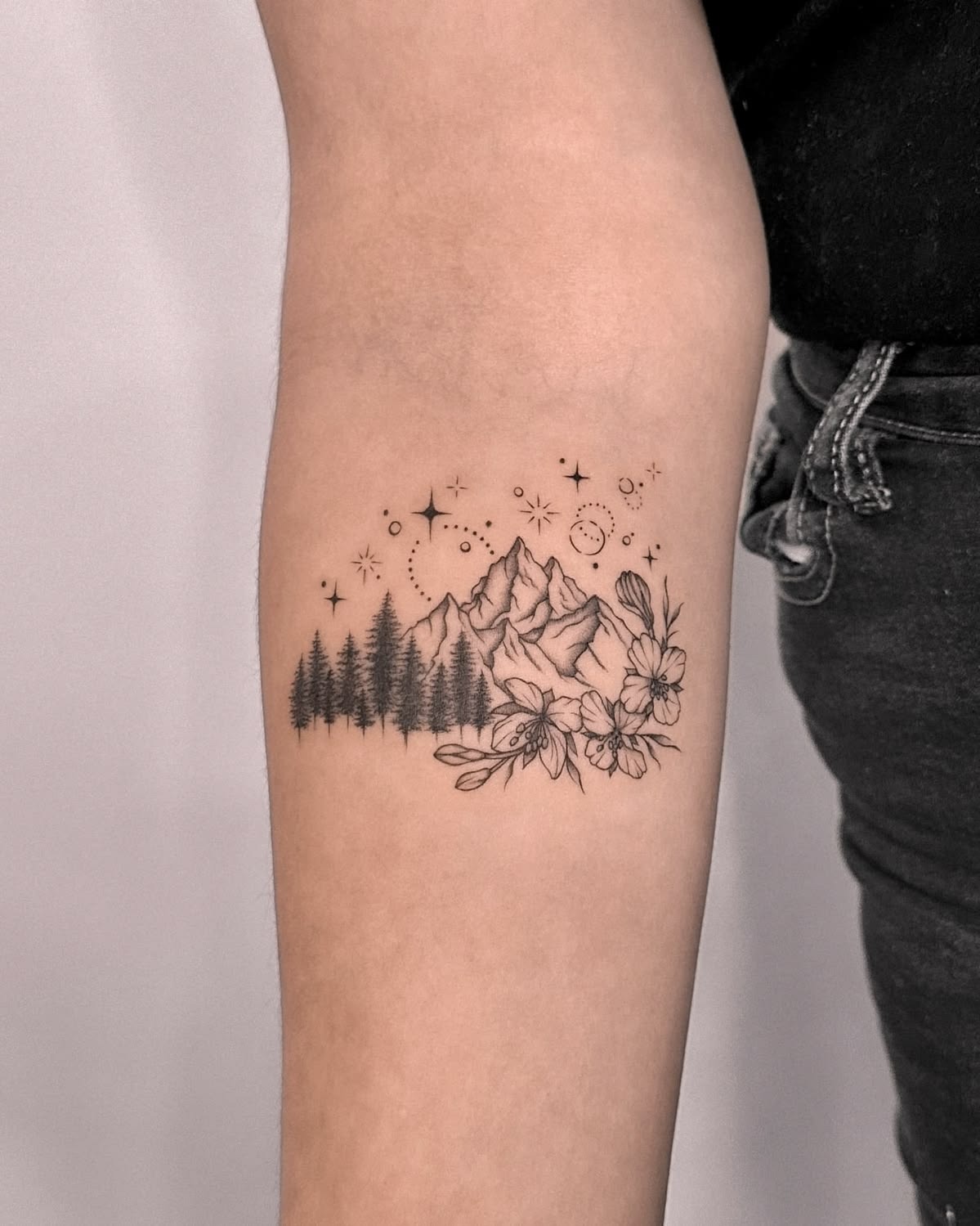 Floral Mountain and Stars Tattoo Tattoo Design