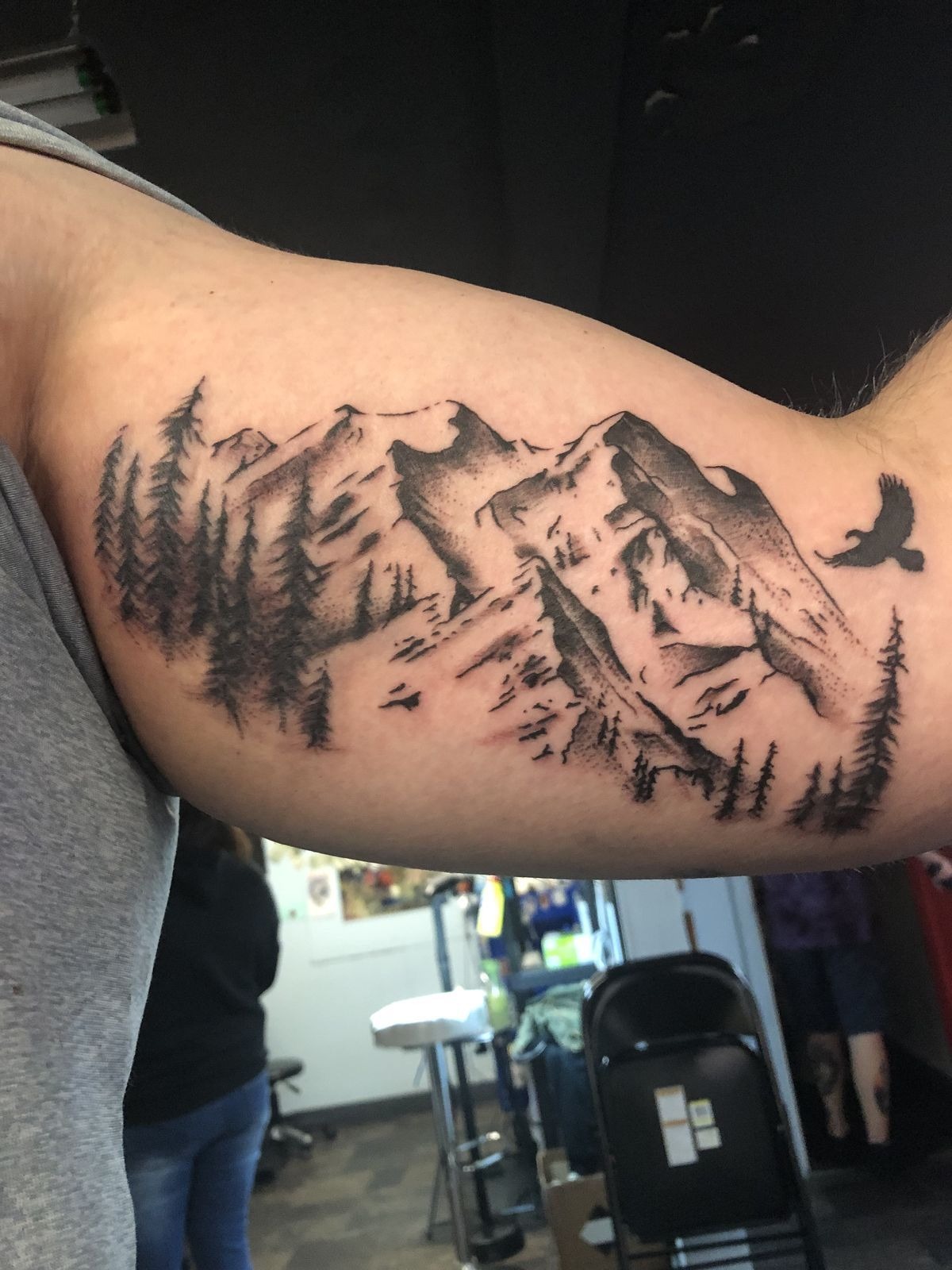 Large Upper Arm Mountain Range Tattoo Tattoo Design