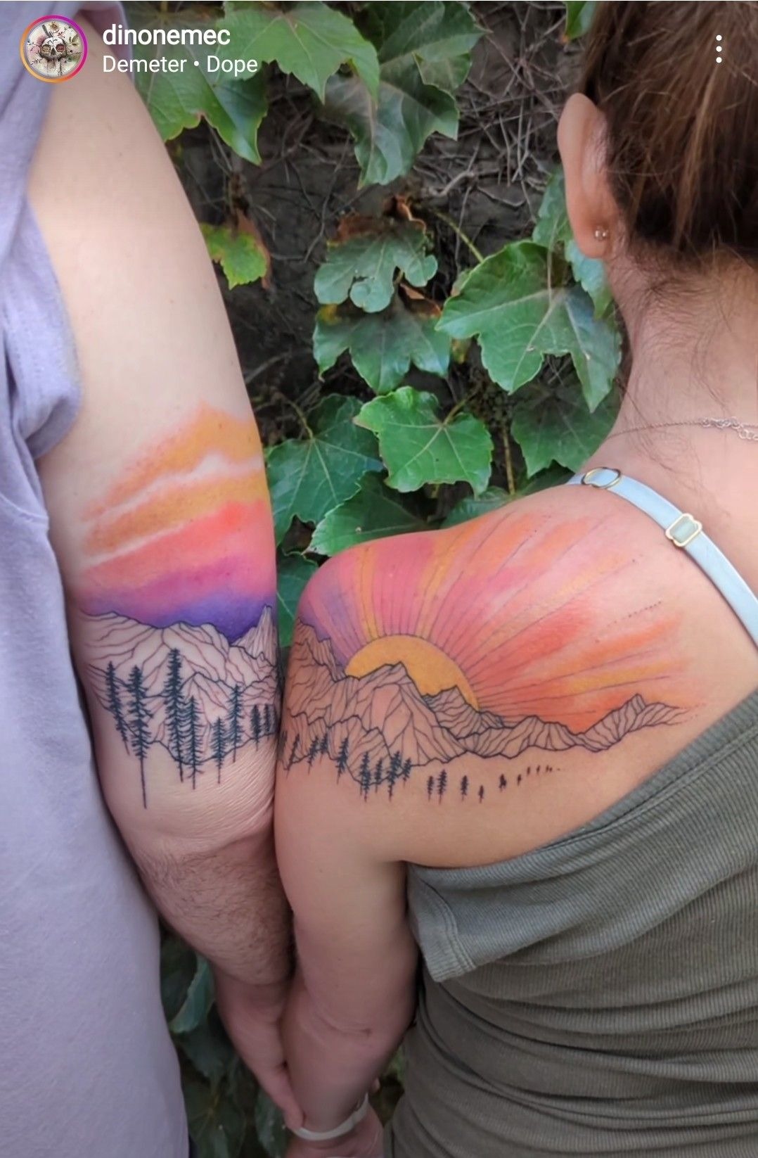 Matching-Color Sunset Mountain Tattoos Tattoo Design