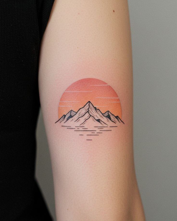 Minimal Sunset Mountain Arm Tattoo Tattoo Design
