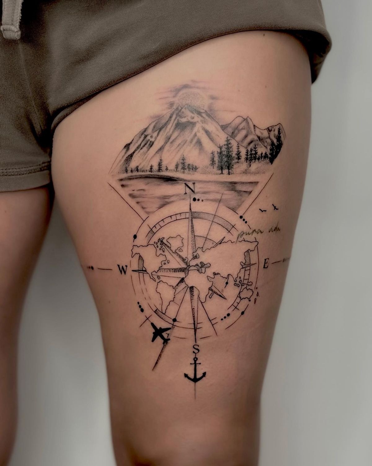 Mountain Compass Travel Thigh Tattoo Tattoo Design