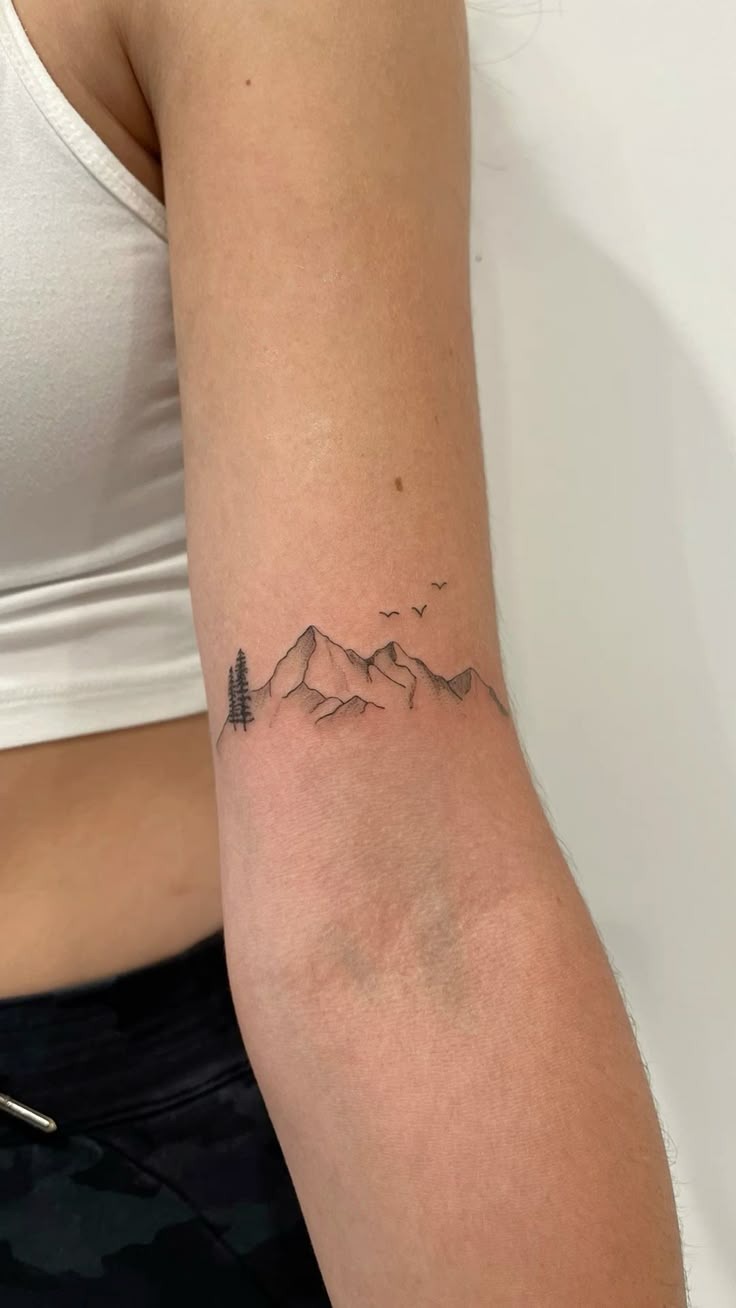 Tiny Mountain Arm Tattoo With Birds Tattoo Design
