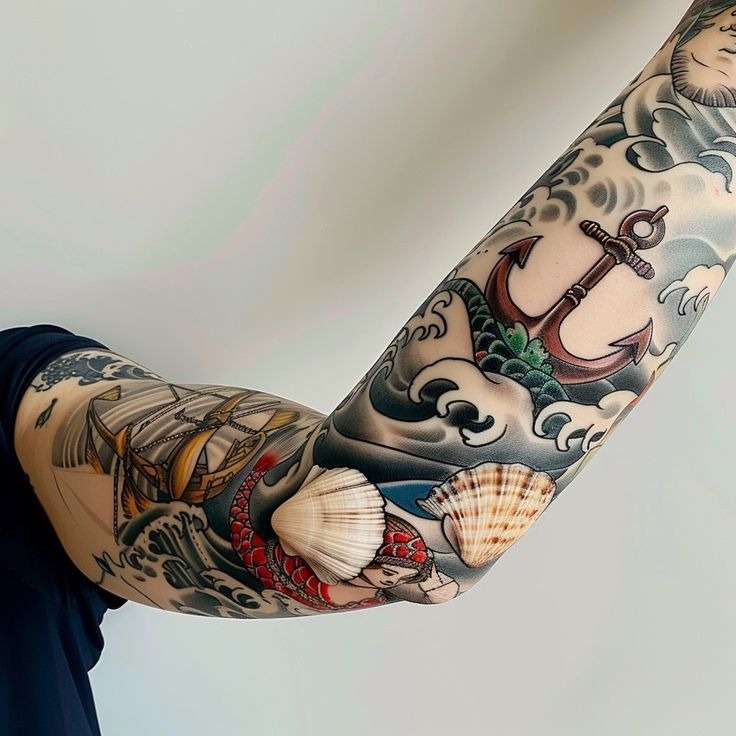 Classic Ocean Sleeve with Anchor and Waves Tattoo Design
