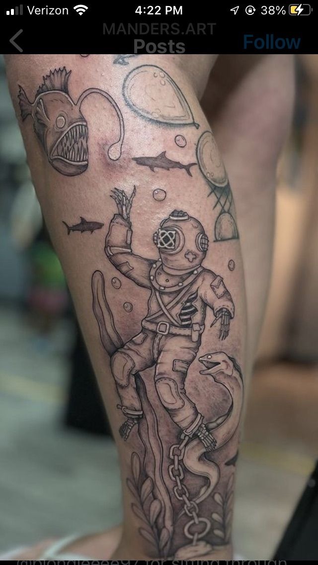 Deep Sea Diver and Angler Fish Scene Tattoo Design