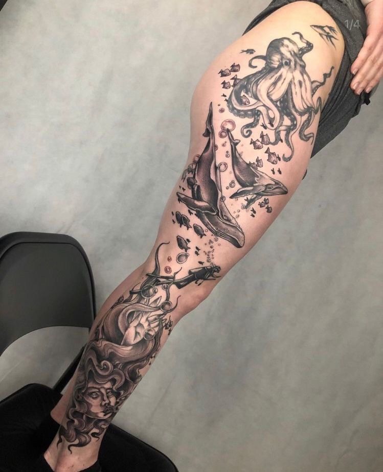 Deep Sea Leg Sleeve with Octopus and Dolphins Tattoo Design