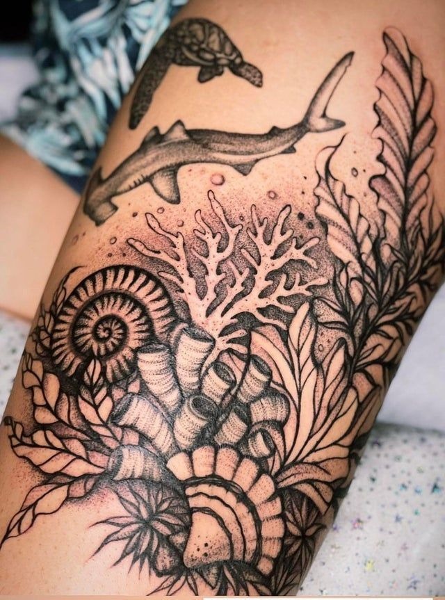 Detailed Ocean Life Collage with Shark and Coral Tattoo Design