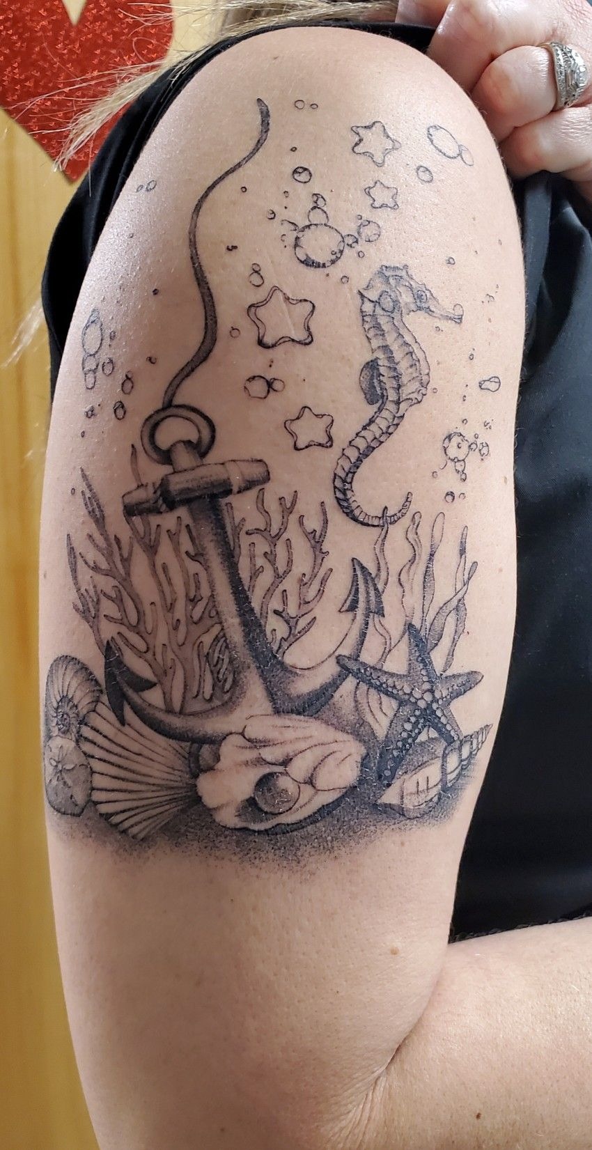 Fine Line Anchor, Seahorse, and Shell Composition Tattoo Design
