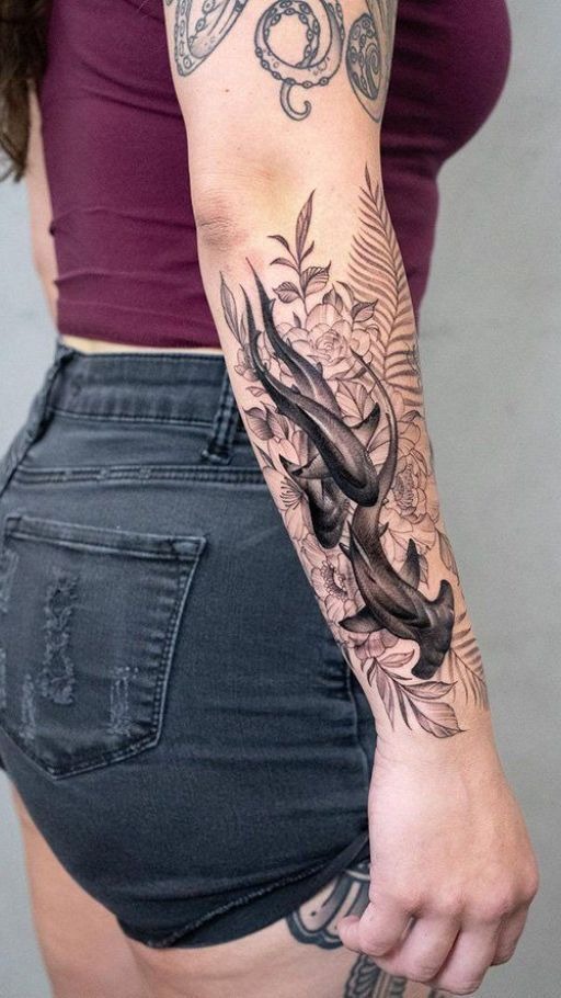 Floral Sharks Sleeve for Women Tattoo Design