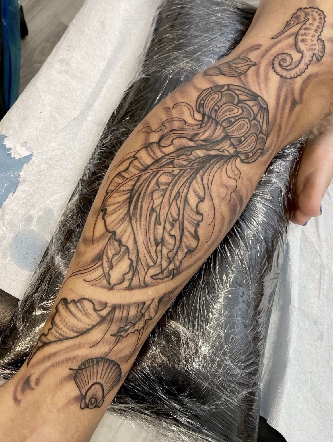 Flowing Jellyfish Sleeve Underwater Tattoo Design