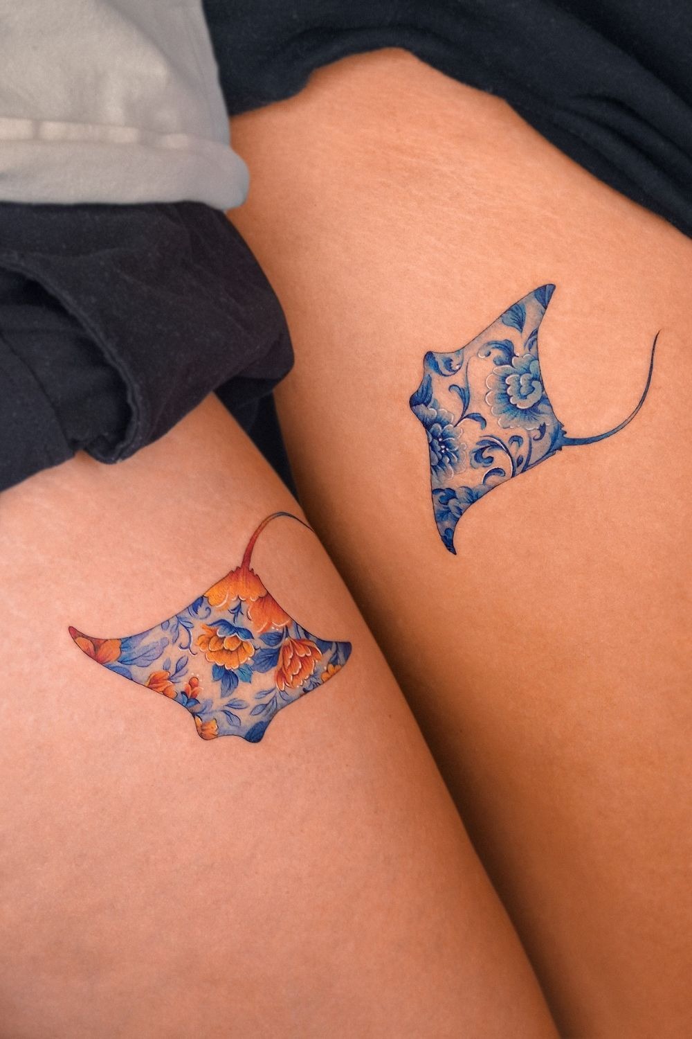 Matching Manta Rays in Bloom Tattoo Design