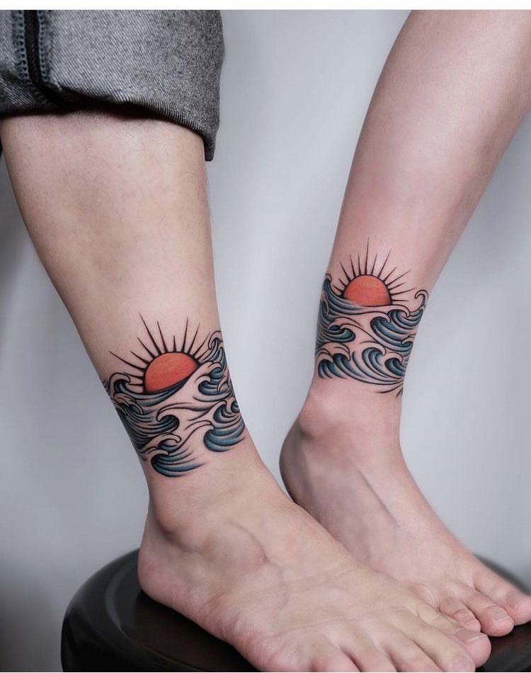 Matching Sun and Wave Ankle Tattoos Tattoo Design
